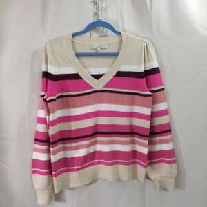 LOFT Pink Striped Sweater Large V Neck Cotton Blend Pullover Long Sleeve
